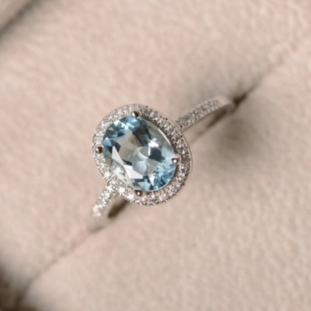 Silver Aquamarine simulated diamond Halo Oval Cut Ring
